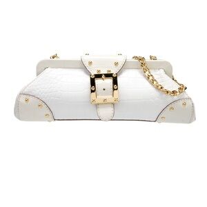 Michael Michael Kors Leather Minaudier Bag - White Crocodile Bag Gold Chain